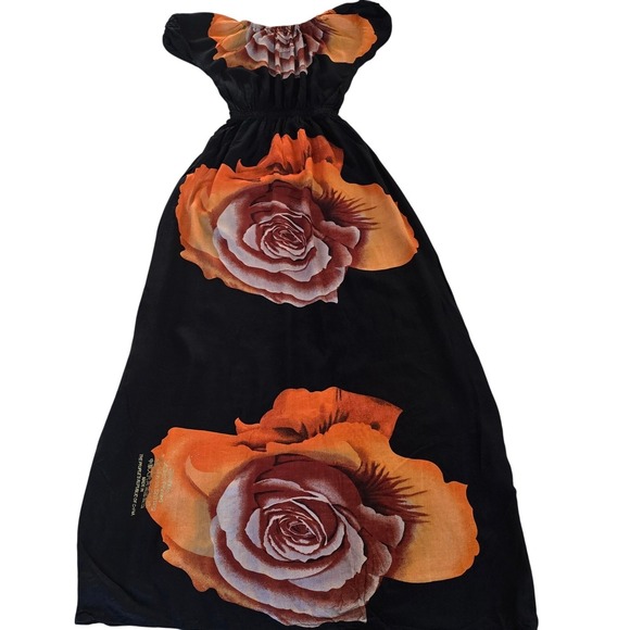 African Floral Rose Print Maxi Dress Black Orange Off Shoulder Summer Gown - Picture 1 of 6